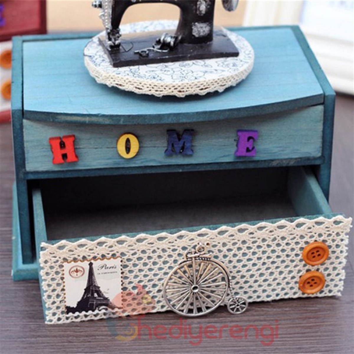 Nostaljik Dikiş Makinesi Figürlü Home Temalı Ahşap Dekoratif Kutu