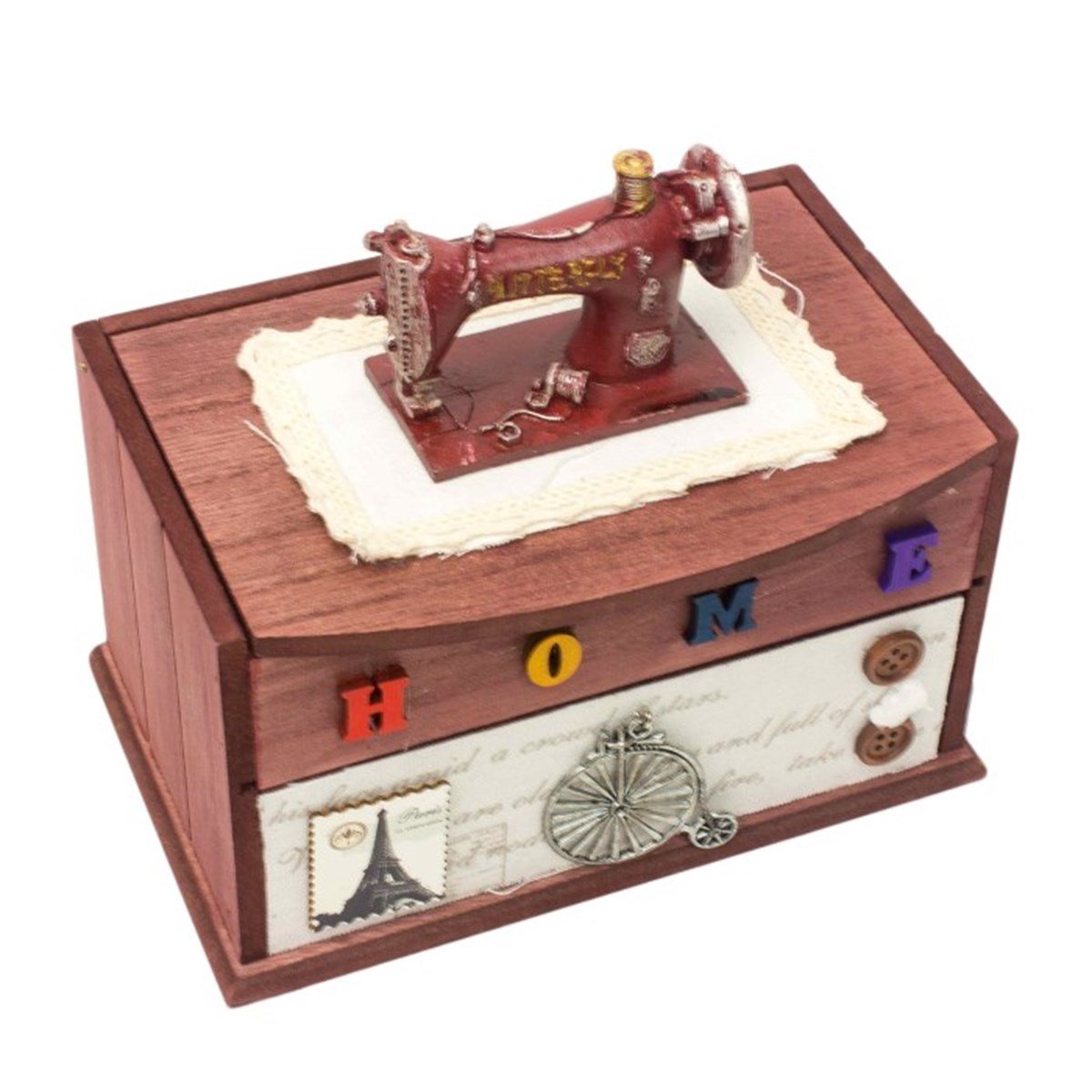 Nostaljik Dikiş Makinesi Figürlü Home Temalı Ahşap Dekoratif Kutu