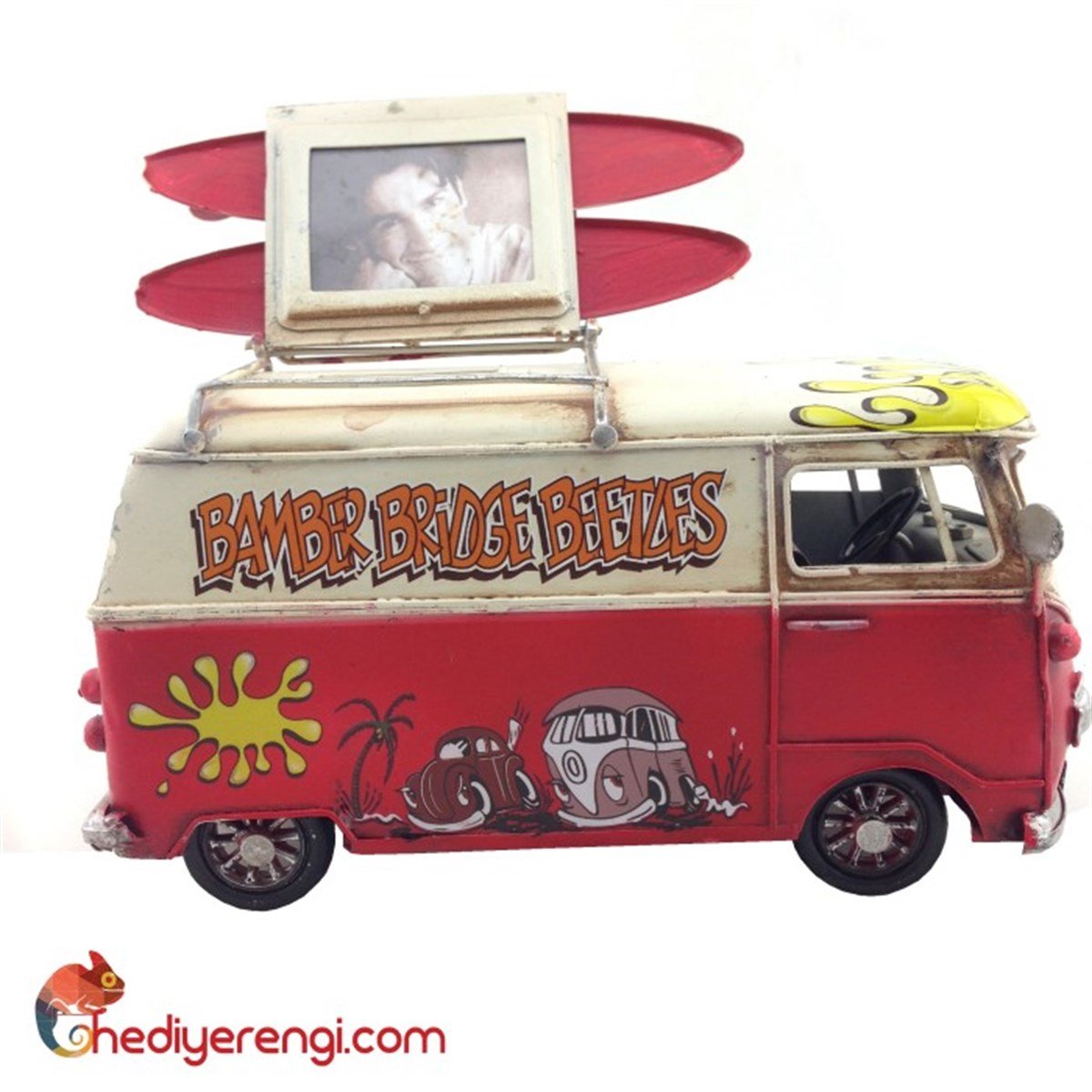 Nostaljik Metal Desenli Vosvos Minibüs Karavan Kumbara Kırmızı