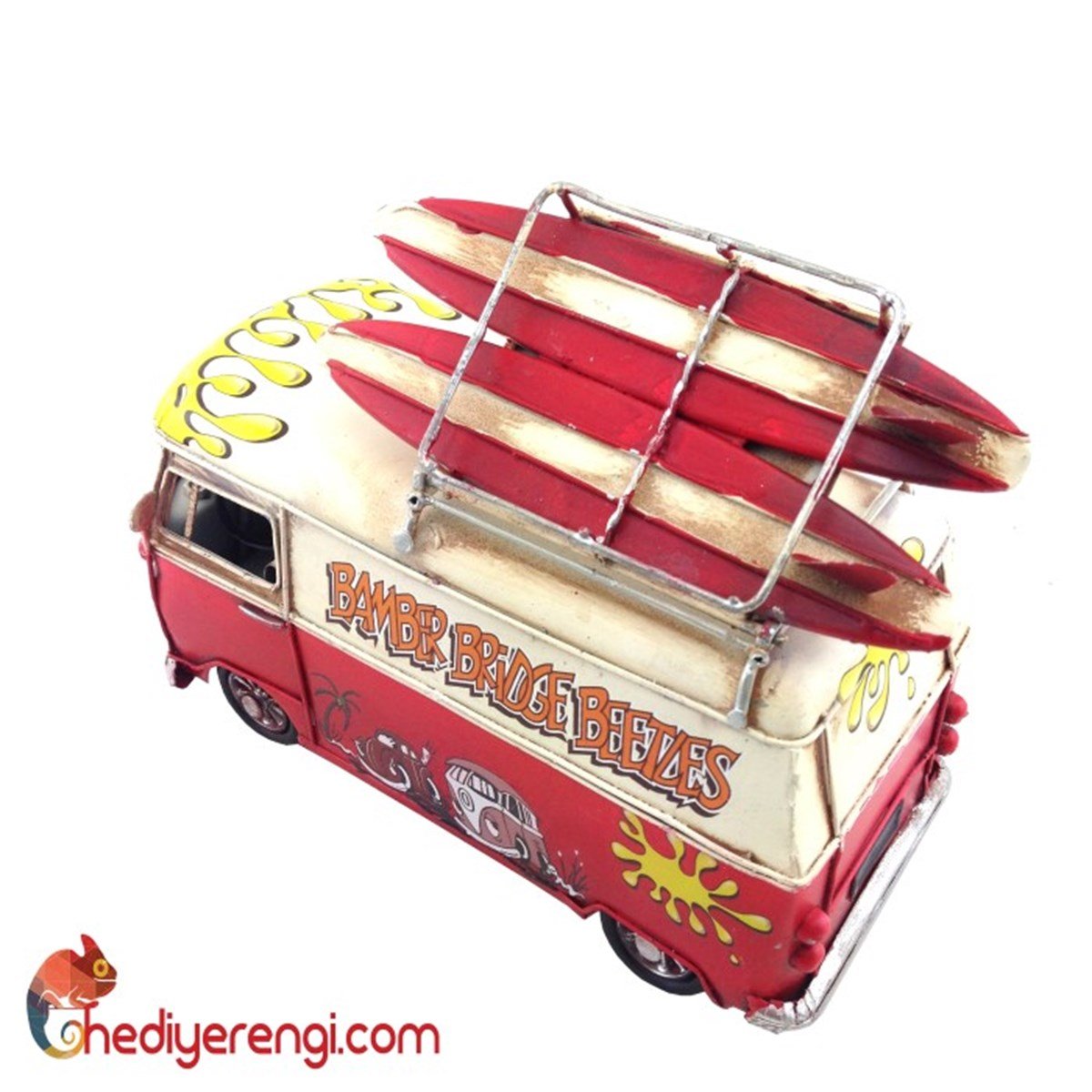 Nostaljik Metal Desenli Vosvos Minibüs Karavan Kumbara Kırmızı