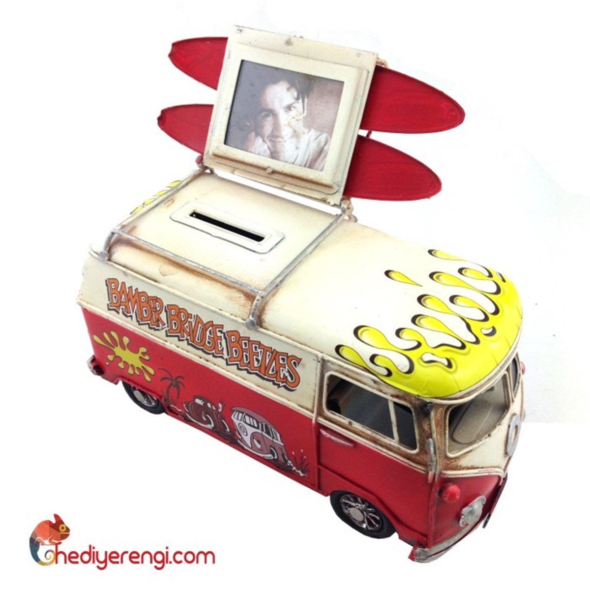 Nostaljik Metal Desenli Vosvos Minibüs Karavan Kumbara Kırmızı