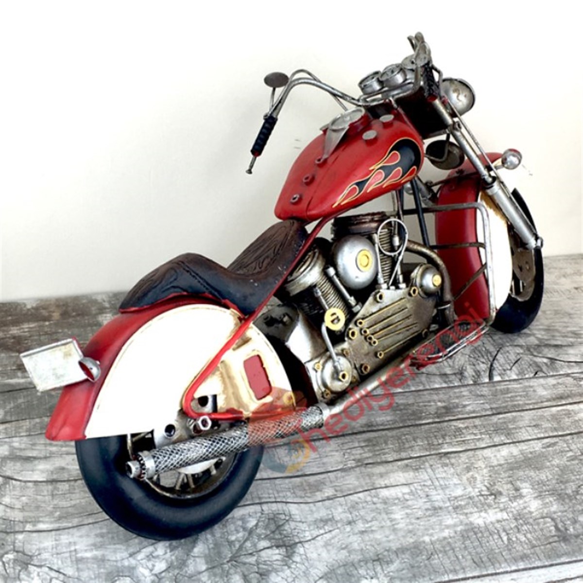 Nostaljik Metal Dev Boyutlu Motorsiklet Kırmızı Beyaz (M5321)