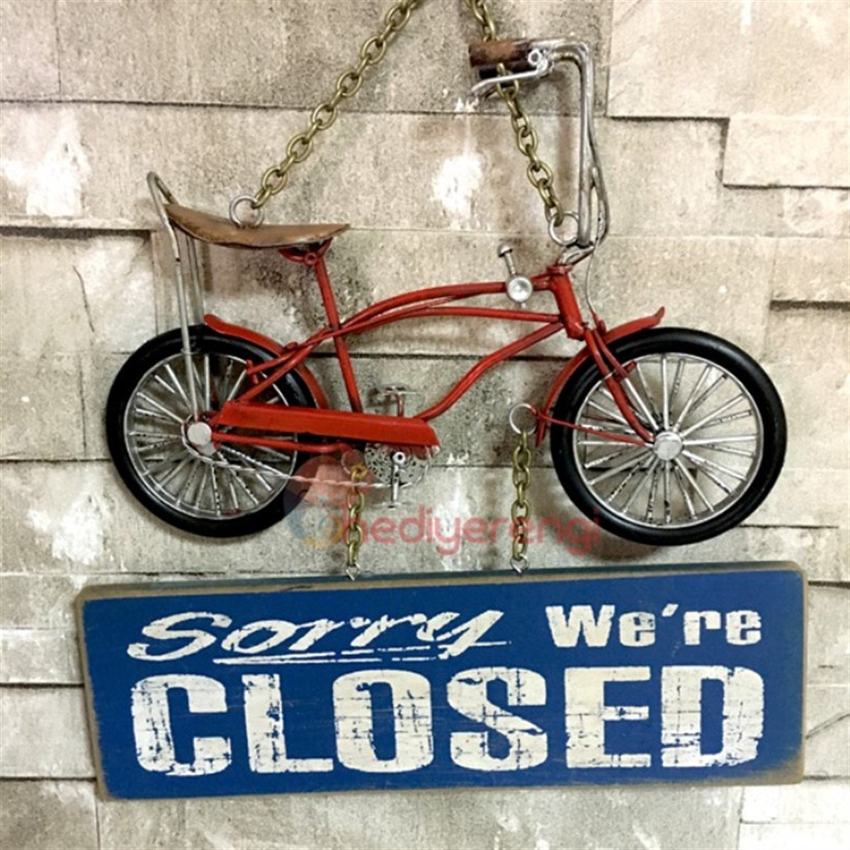 Nostaljik Metal Kırmızı Bisiklet Temalı Open - Closed Kapı Askısı Büyük Boy