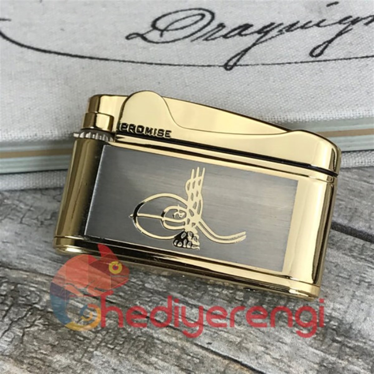 Osmanlı Tuğrası İşlemeli Promise Markalı Metal Çakmak Gold