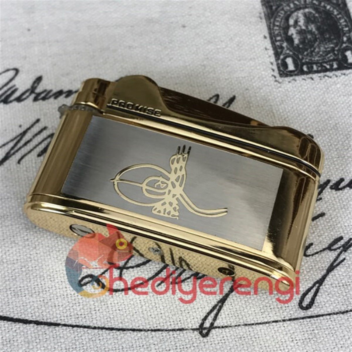 Osmanlı Tuğrası İşlemeli Promise Markalı Metal Çakmak Gold