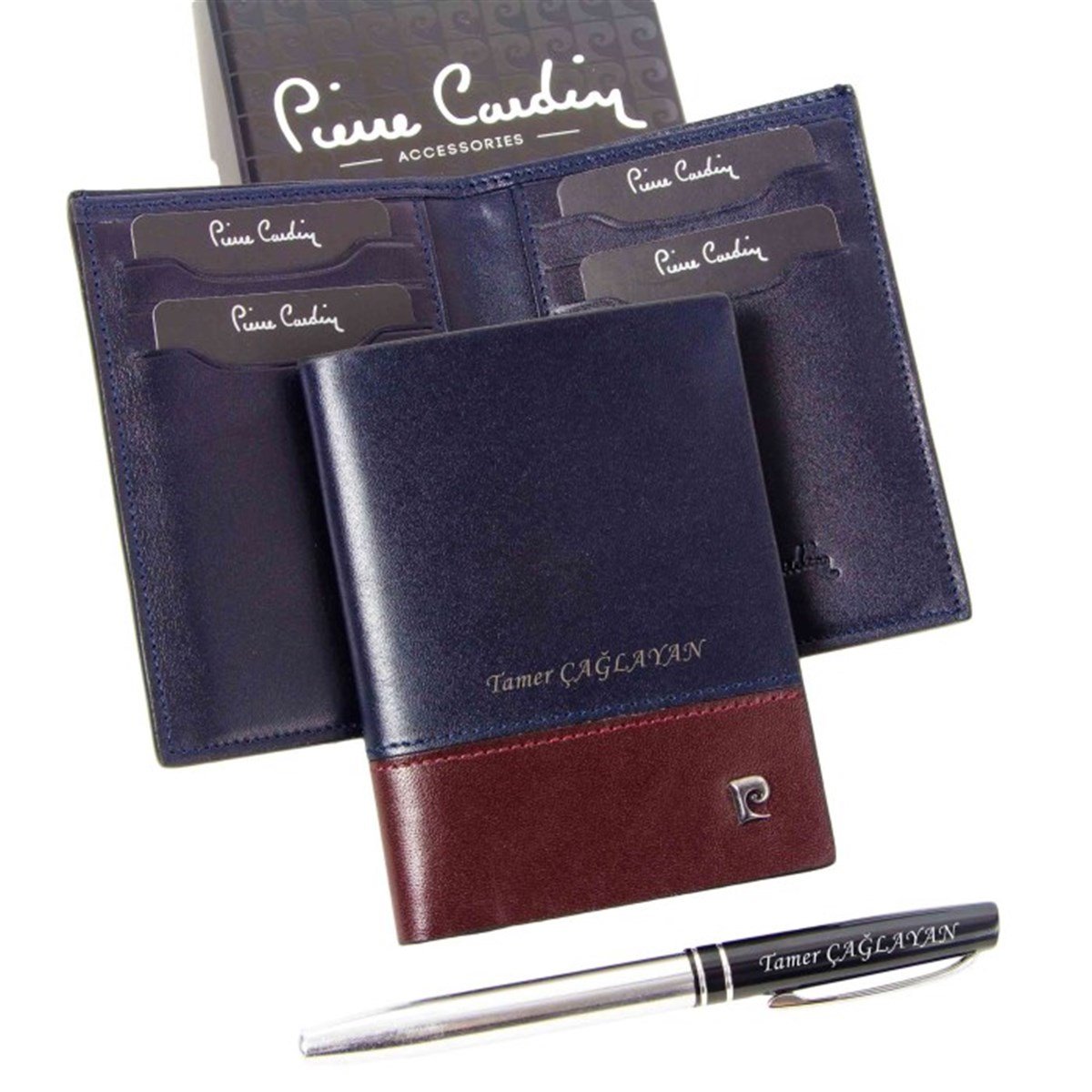 Pierre Cardin İsme Özel Dik Deri Erkek Cüzdanı Lacivert Üzeri Bordo P2835L