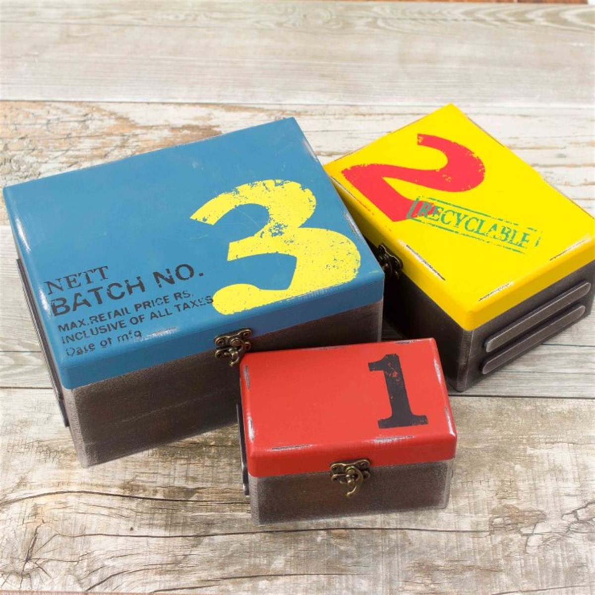 Retro 123 Temalı Renkli Ahşap 3'lü Kutu Seti