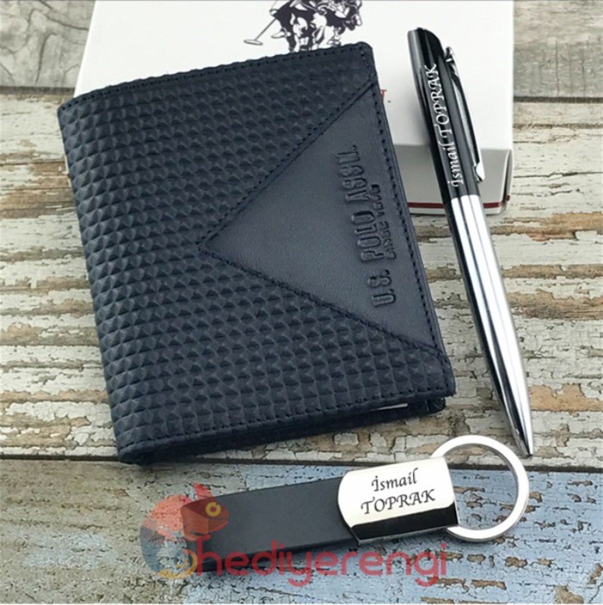 U.S. Polo Assn. Dik Deri Cüzdan İsme Özel Anahtarlık ve Kalem Seti PLCUZ7689