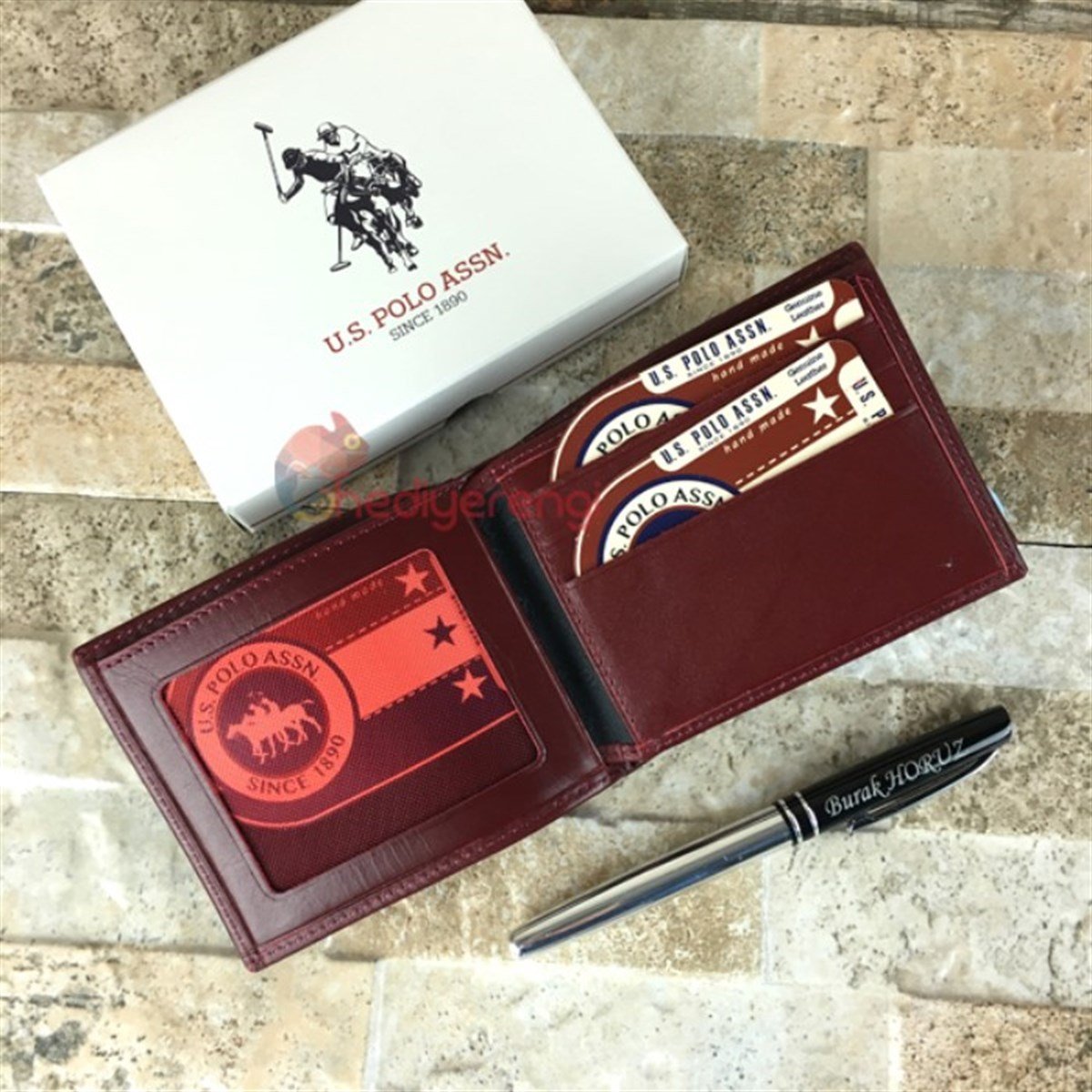 U.S. Polo Assn. İsme Özel Deri Cüzdan Şeritli Bordo Cüzdan PLCUZ5775