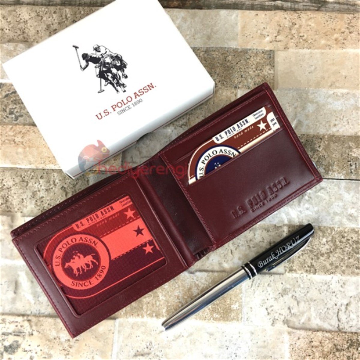 U.S. Polo Assn. İsme Özel Deri Cüzdan Şeritli Bordo Cüzdan PLCUZ5775