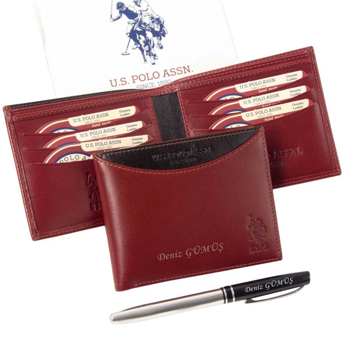 U.S. Polo Assn. İsme Özel Deri Cüzdan ve Kalem Seti Bordo PLCUZ8375B