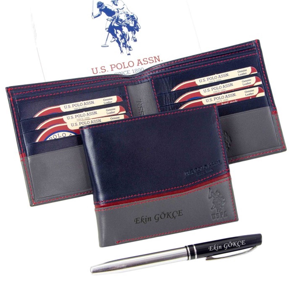U.S. Polo Assn. İsme Özel Deri Cüzdan ve Kalem Seti Lacivert - Gri (8405)