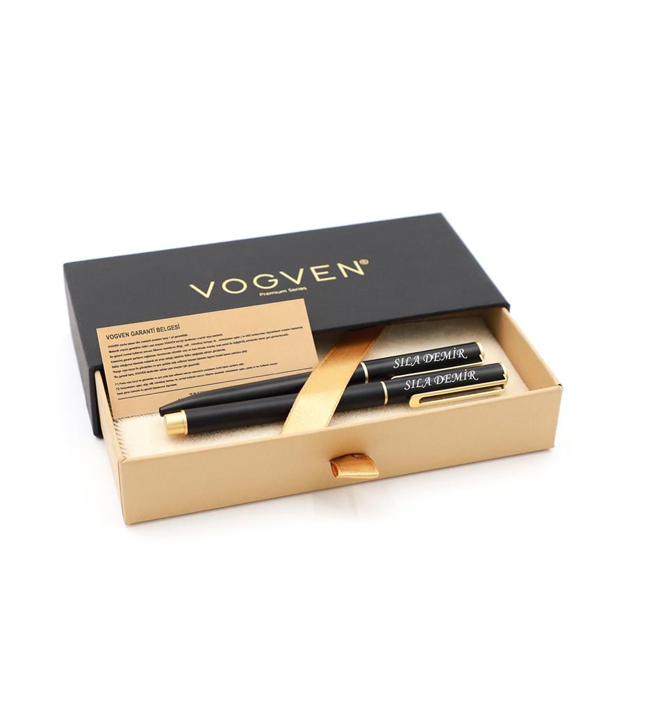 Vogven Marka İsme Özel Gold Detaylı Roller ve Tükenmez Kalem Seti
