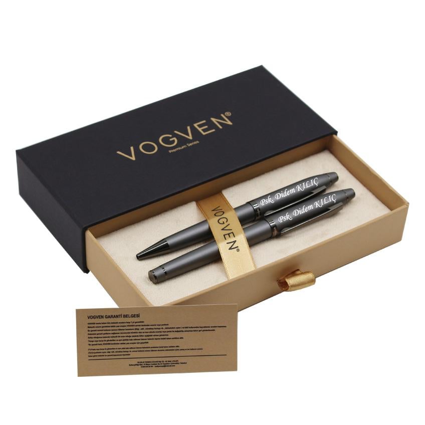 Vogven Marka İsme Özel Mat Füme Premium Roller ve Tükenmez Kalem Seti