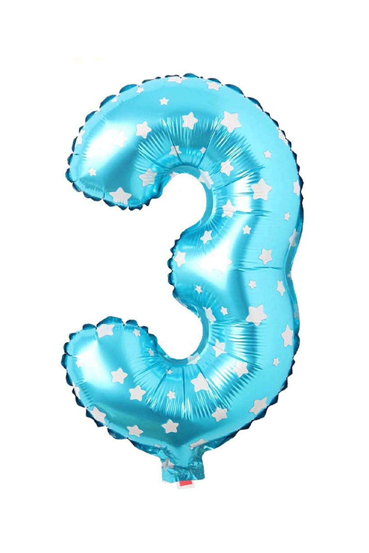 3 Rakam Mavi Yıldız Folyo Balon 40 cm