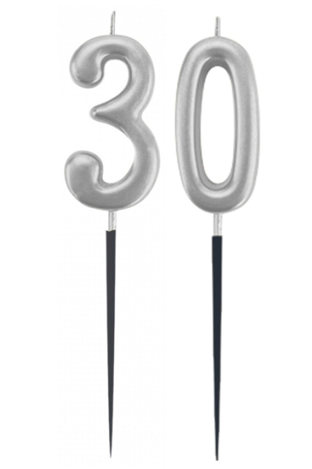 30.Yaş Rakam Gümüş Çubuk Mum 14 cm