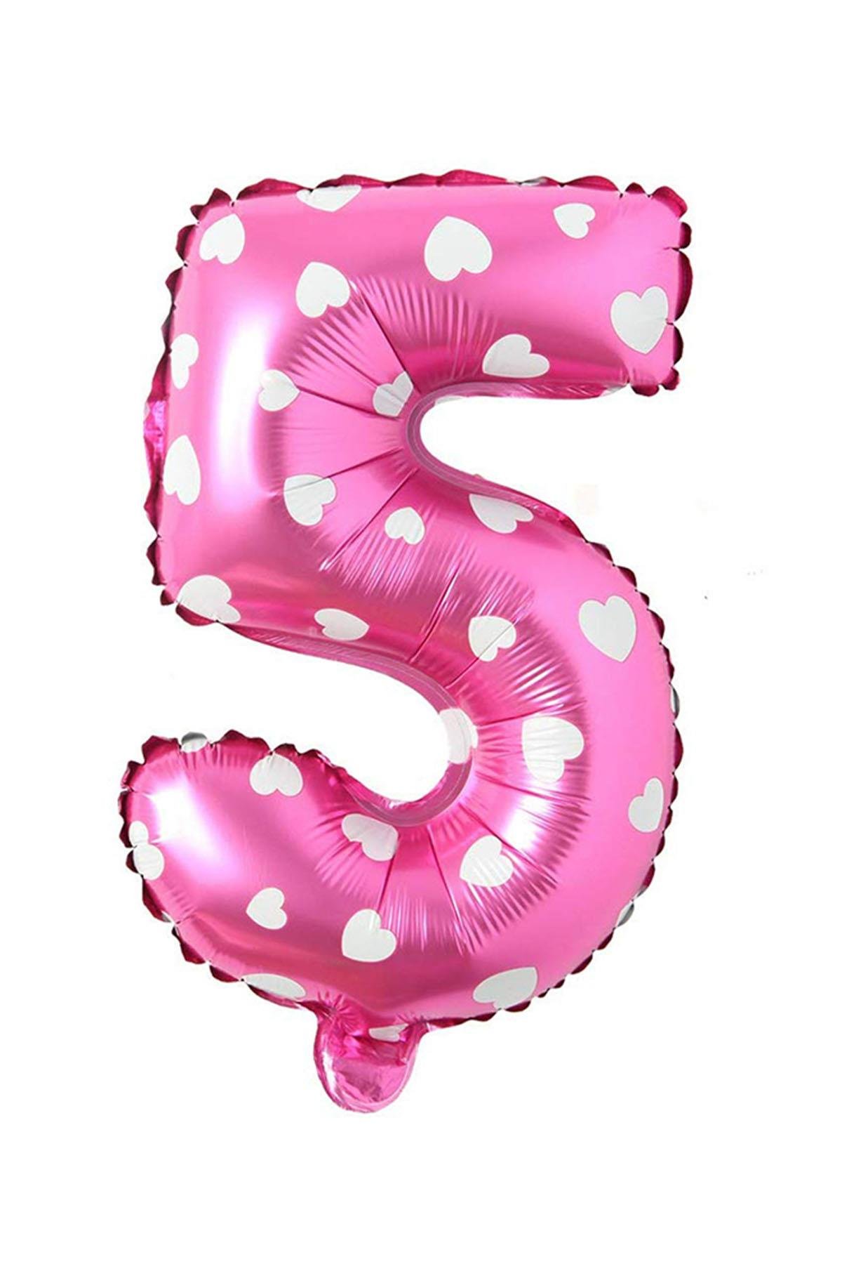 5 Rakam Pembe Kalp Folyo Balon 40 cm