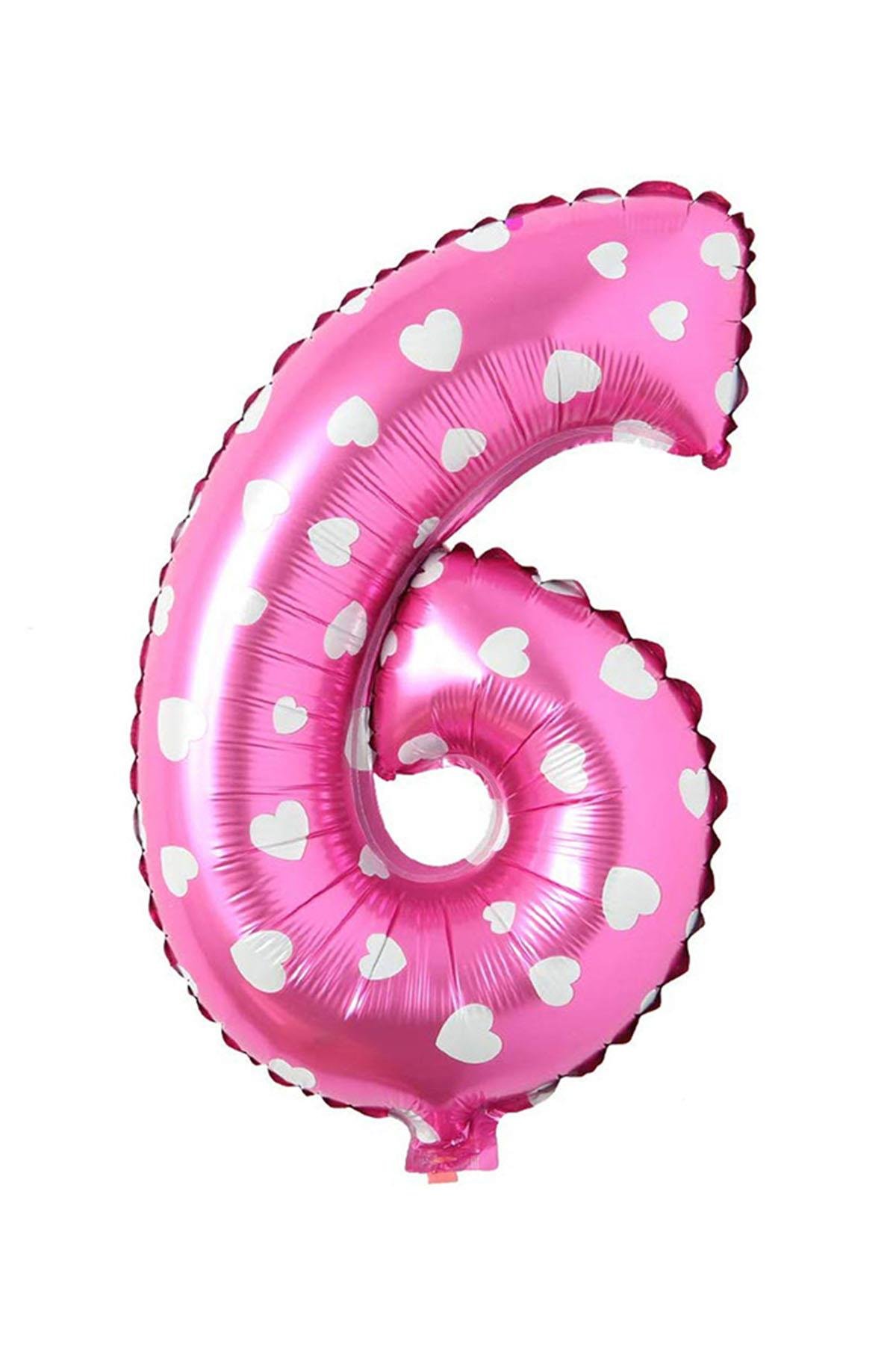 6 Rakam Pembe Kalp Folyo Balon 40 cm