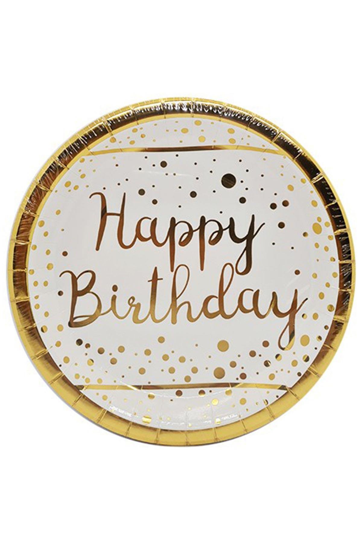 Altın Happy Birthday Baskılı Beyaz Karton Tabak 23 cm 8'li