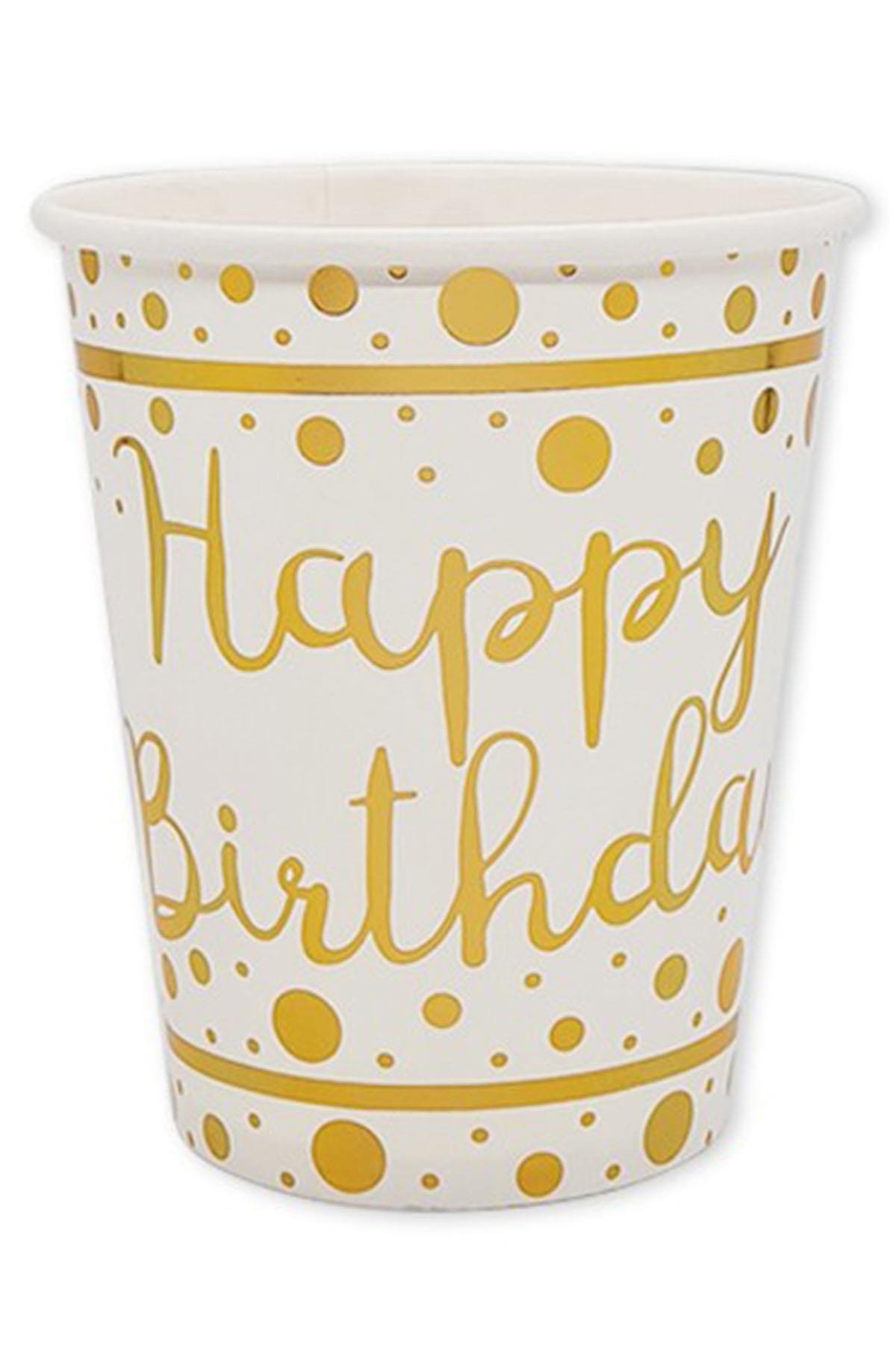 Altın Happy Birthday Baskılı Beyaz Karton Bardak 8'li