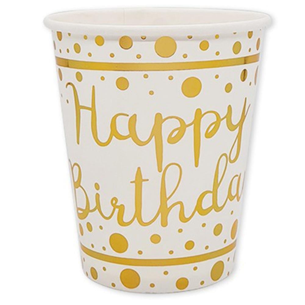 Altın Happy Birthday Baskılı Beyaz Karton Bardak 8'li