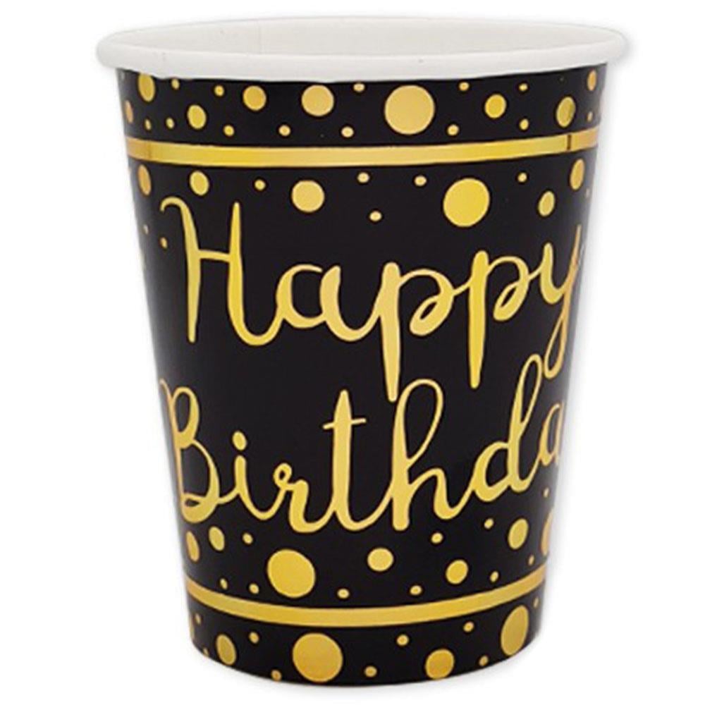 Altın Happy Birthday Baskılı Siyah Karton Bardak 8'li