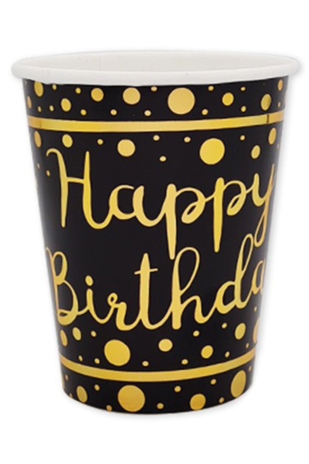 Altın Happy Birthday Baskılı Siyah Karton Bardak 8'li
