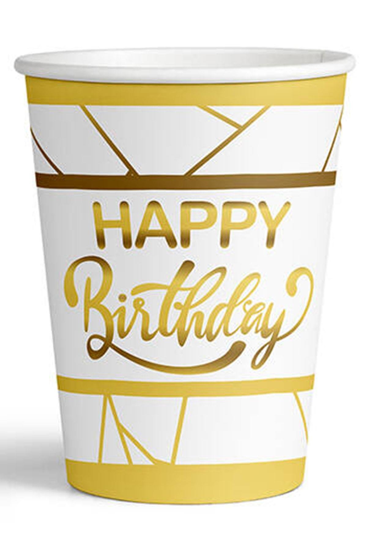 Altın Happy Birthday Yaldız Baskılı Karton Bardak Beyaz 8'li