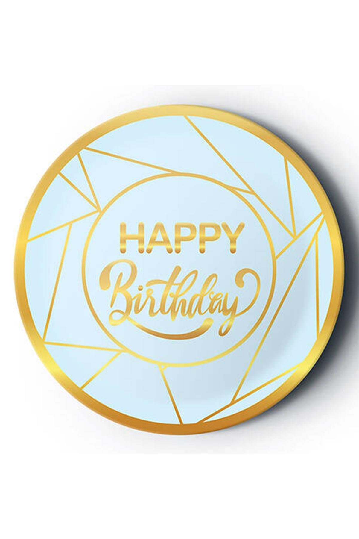 Altın Happy Birthday Yaldız Baskılı Karton Tabak Mavi 23 cm 8'li