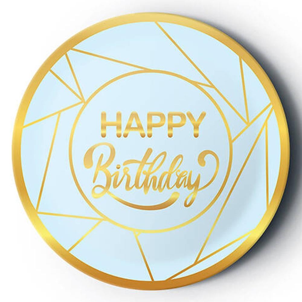 Altın Happy Birthday Yaldız Baskılı Karton Tabak Mavi 23 cm 8'li