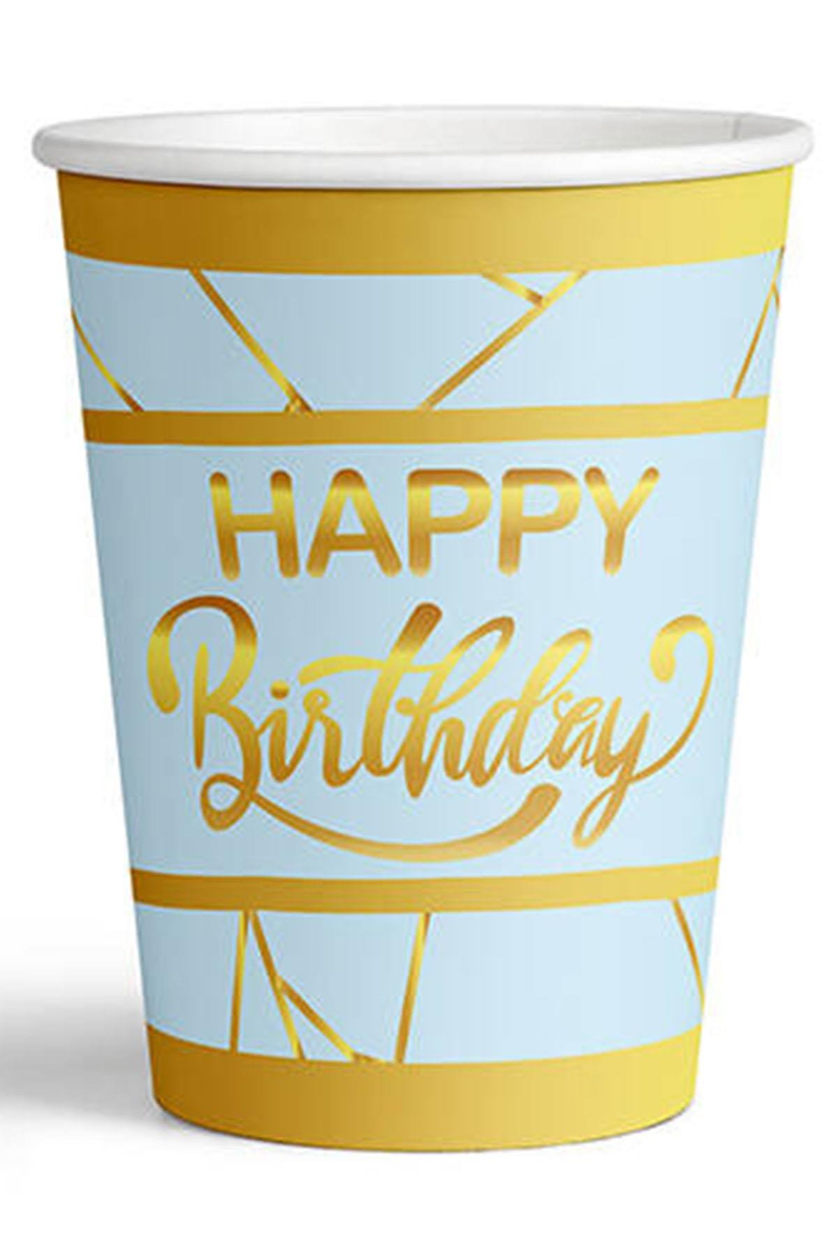 Altın Happy Birthday Yaldız Baskılı Karton Bardak Mavi 8'li