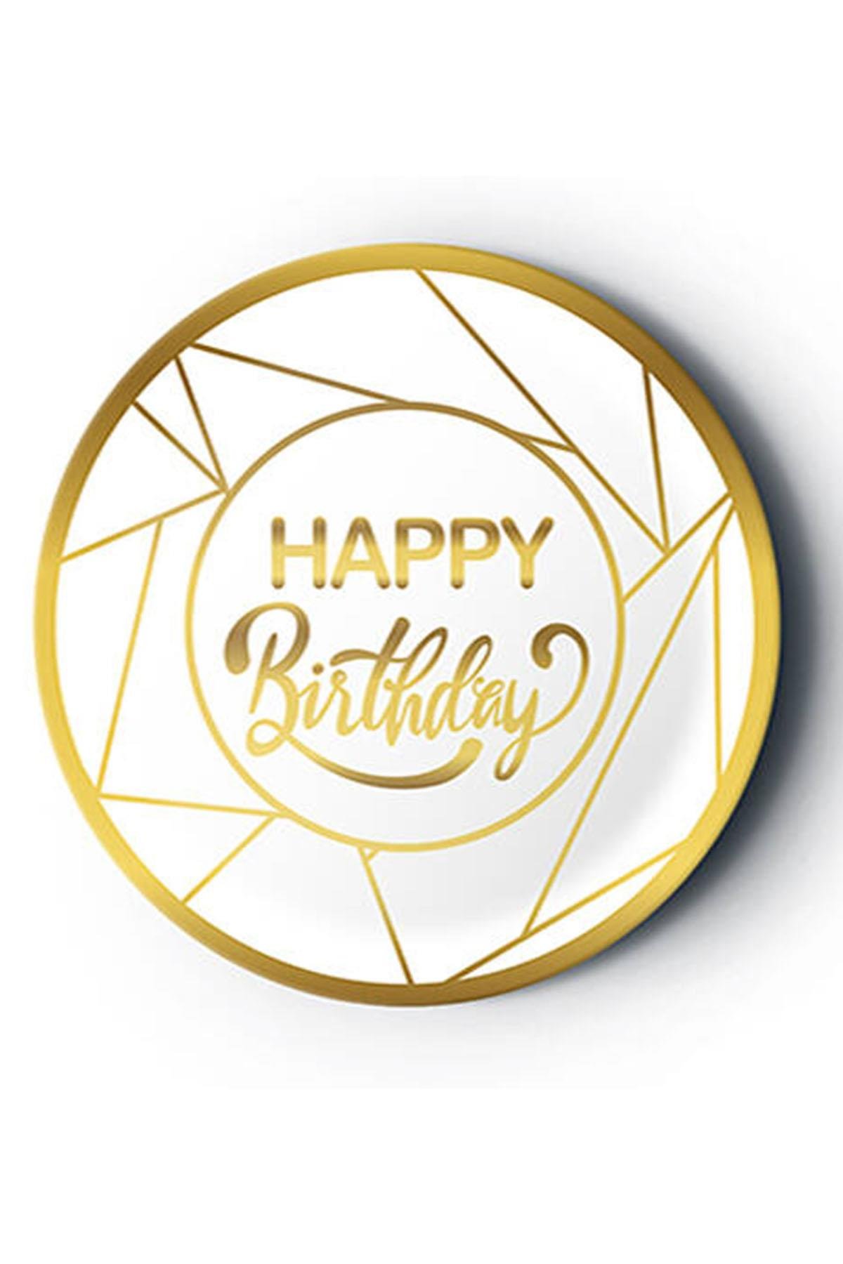 Altın Happy Birthday Yaldız Baskılı Karton Tabak Beyaz 23 cm 8'li