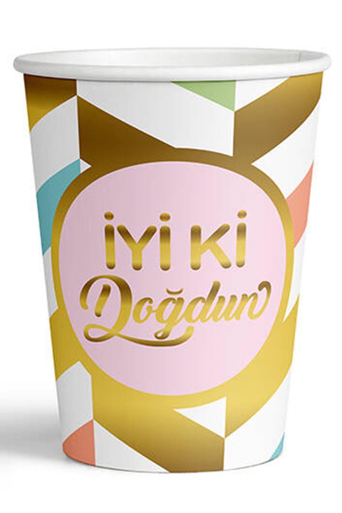 Altın İyi ki Doğdun Baskılı Karnaval Karton Bardak Pembe 8'li