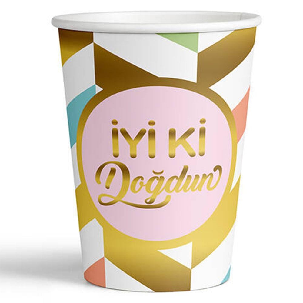 Altın İyi ki Doğdun Baskılı Karnaval Karton Bardak Pembe 8'li