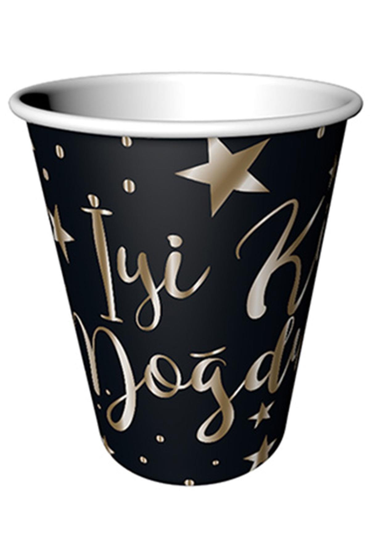 Altın İyi ki Doğdun Baskılı Siyah Karton Bardak 8'li