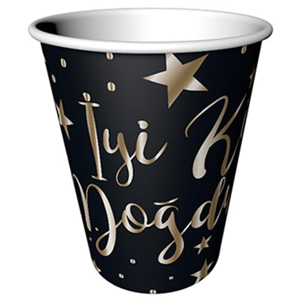 Altın İyi ki Doğdun Baskılı Siyah Karton Bardak 8'li