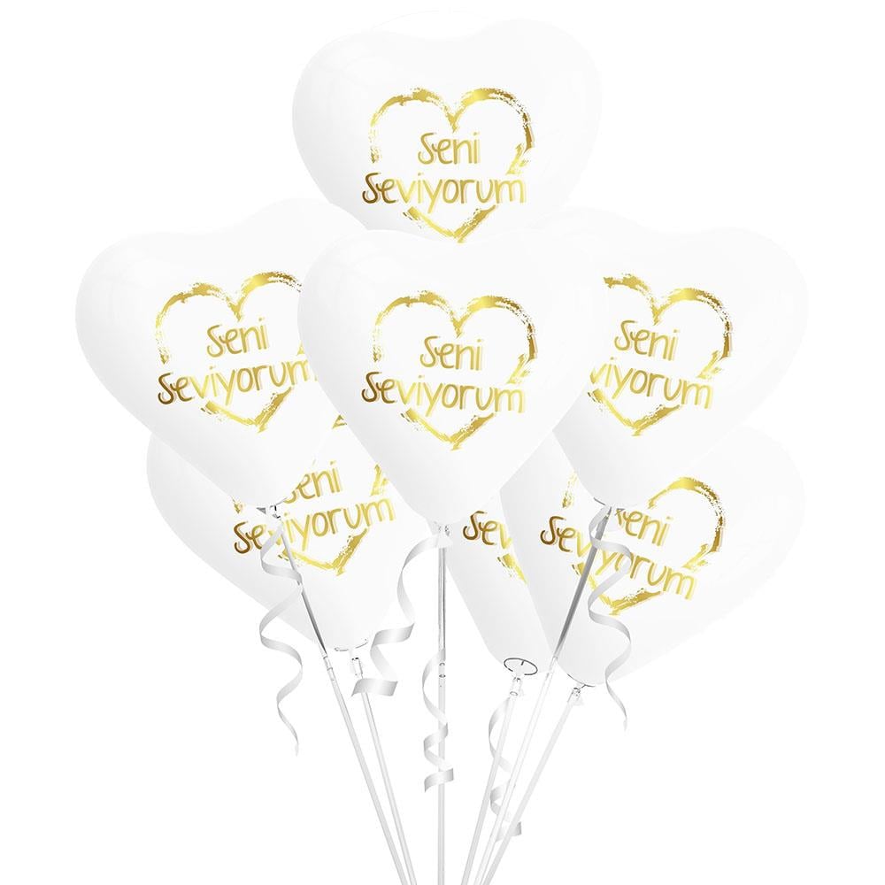 Altın Seni Seviyorum Baskılı Beyaz Kalp Lateks Balon 10'lu