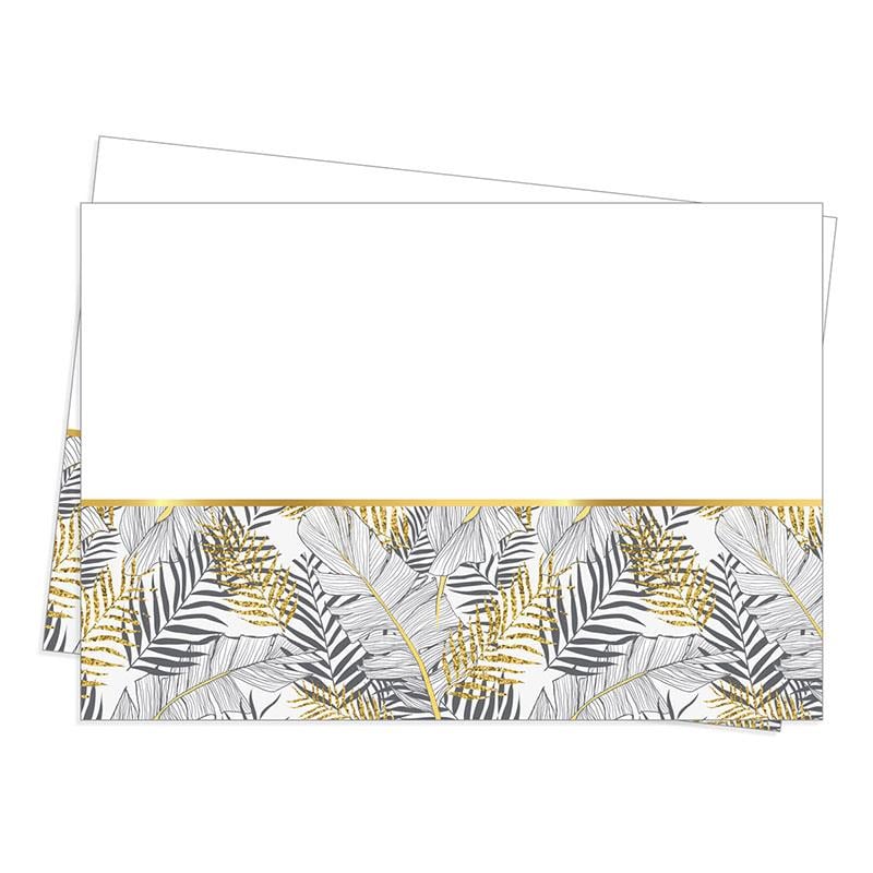 Altın Simli Yapraklar Beyaz Plastik Masa Örtüsü 120x180 cm