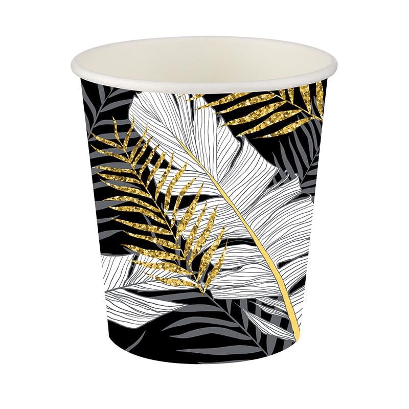 Altın Simli Yapraklar Siyah Karton Bardak 8'li