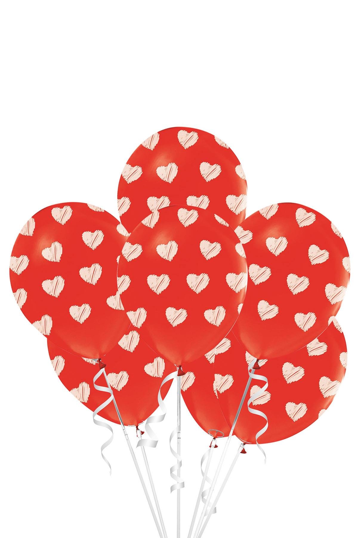 Beyaz Kalp Baskılı Kırmızı Lateks Balon 10'lu