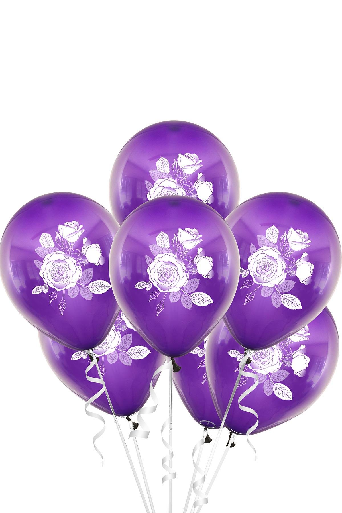 Gül Baskılı Mor Lateks Balon 10'lu