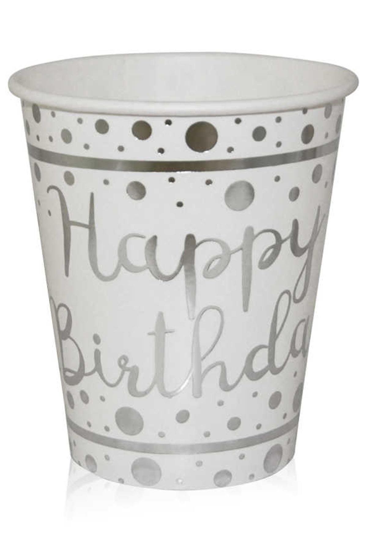 Gümüş Happy Birthday Baskılı Beyaz Karton Bardak 8'li