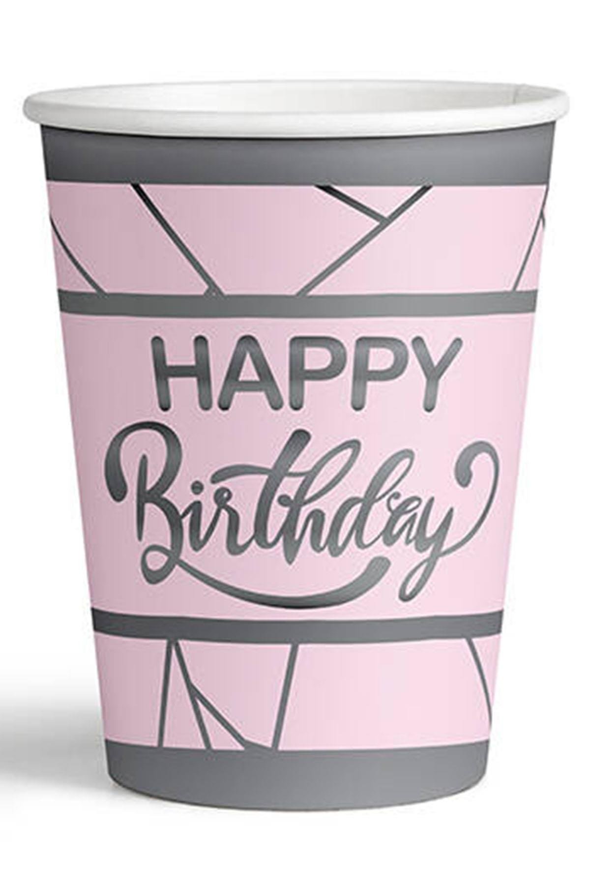 Gümüş Happy Birthday Yaldız Baskılı Karton Bardak Pembe 8'li