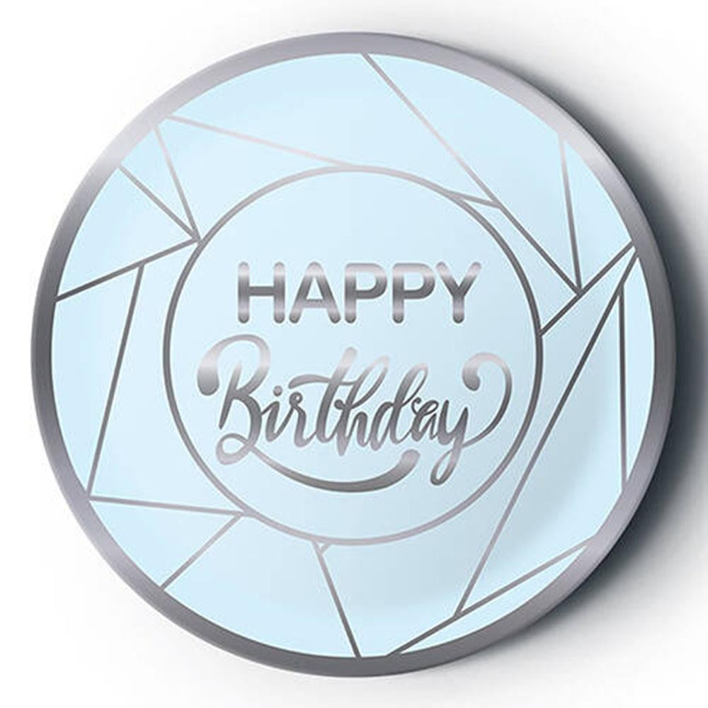 Gümüş Happy Birthday Yaldız Baskılı Karton Tabak Mavi 23 cm 8'li
