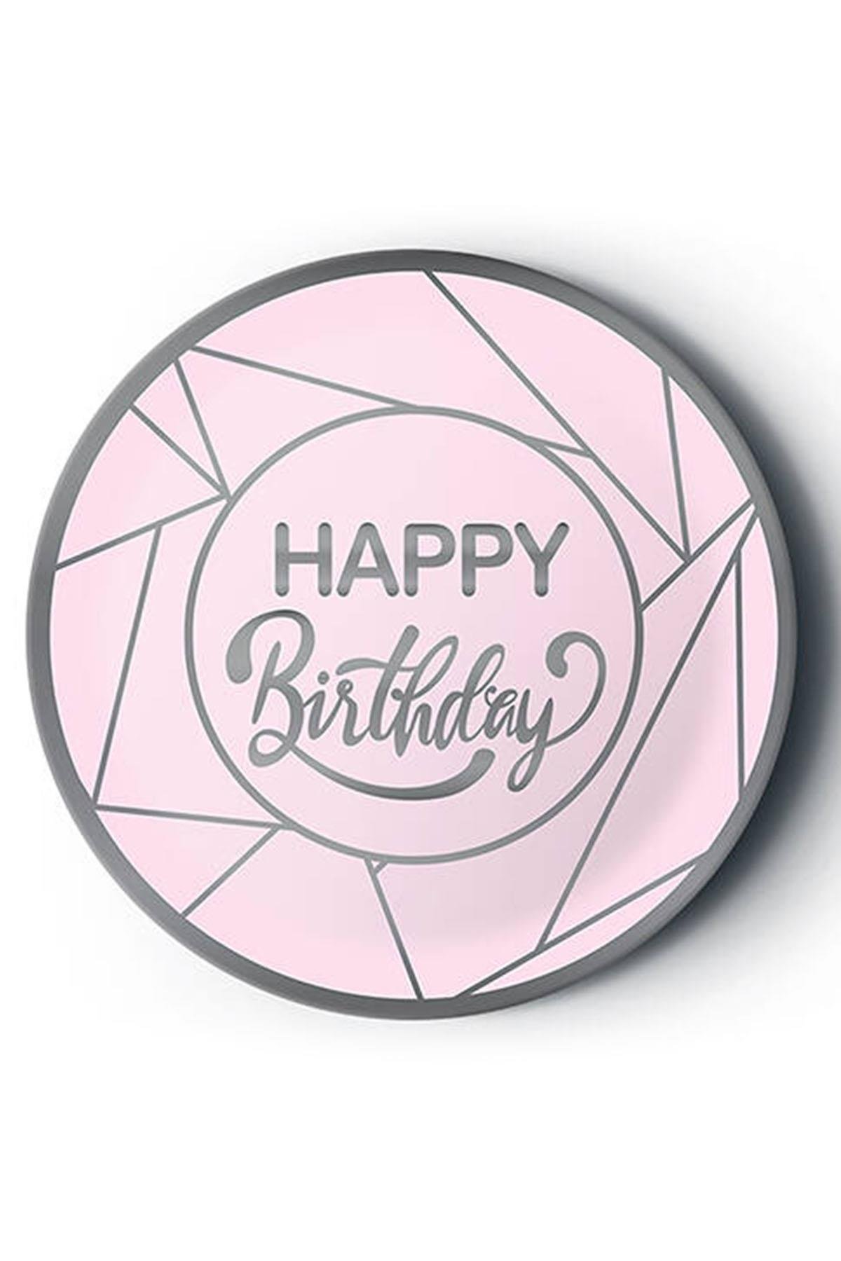 Gümüş Happy Birthday Yaldız Baskılı Karton Tabak Pembe 23 cm 8'li