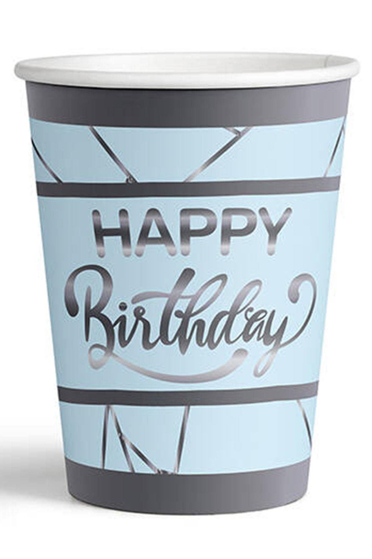 Gümüş Happy Birthday Yaldız Baskılı Karton Bardak Mavi 8'li