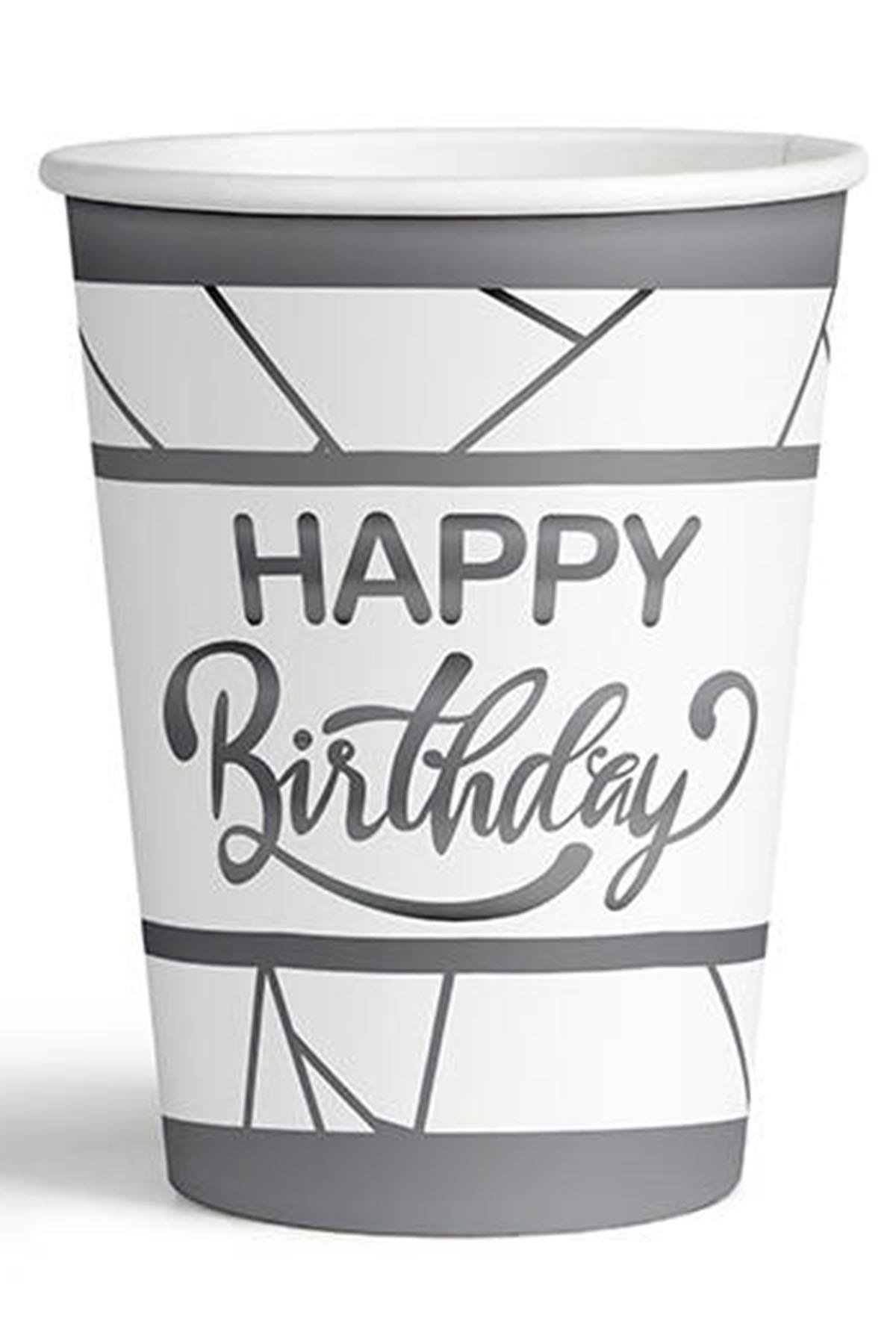 Gümüş Happy Birthday Yaldız Baskılı Karton Bardak Beyaz 8'li