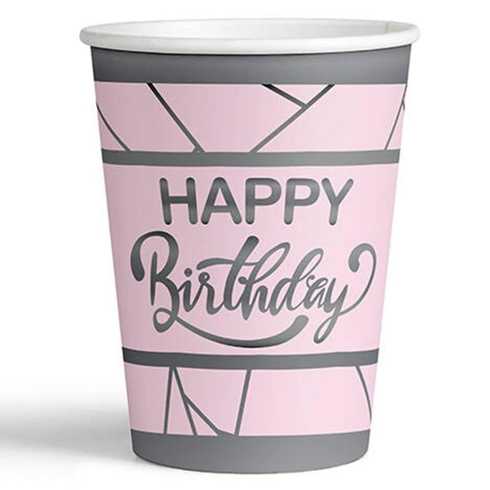 Gümüş Happy Birthday Yaldız Baskılı Karton Bardak Pembe 8'li
