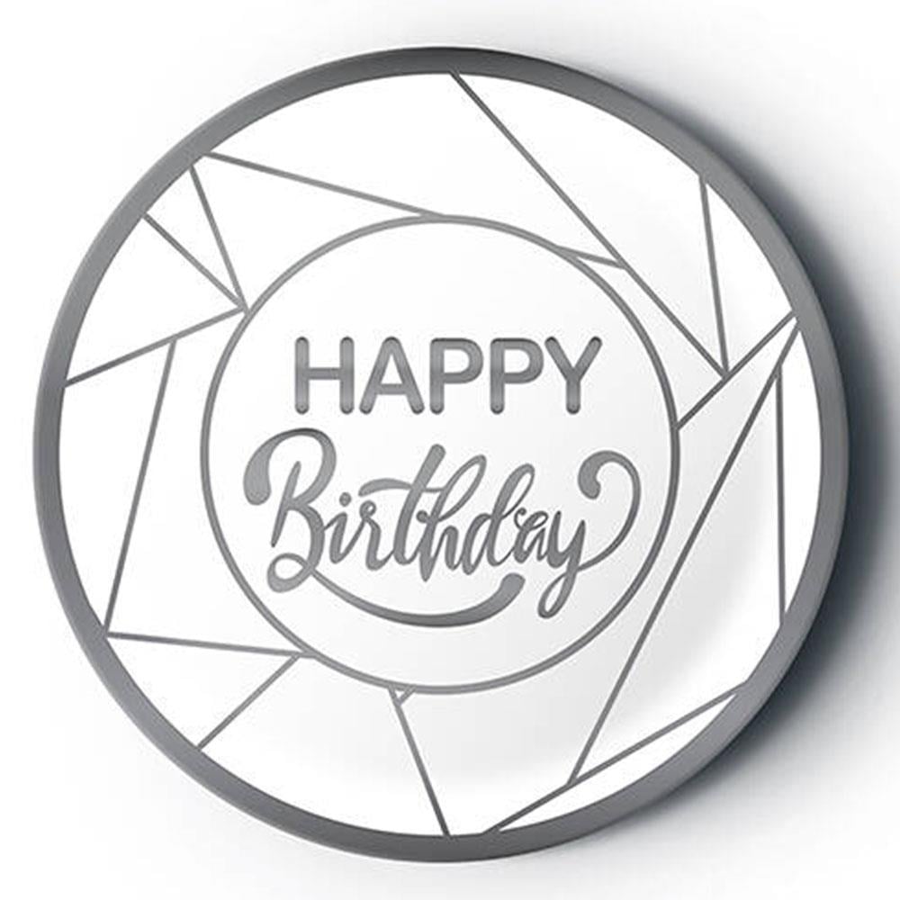 Gümüş Happy Birthday Yaldız Baskılı Karton Tabak Beyaz 23 cm 8'li