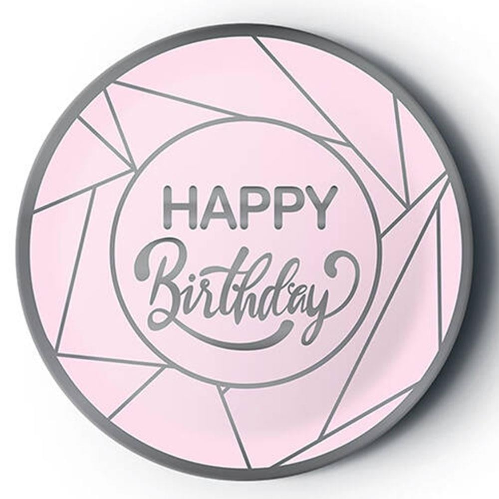 Gümüş Happy Birthday Yaldız Baskılı Karton Tabak Pembe 23 cm 8'li